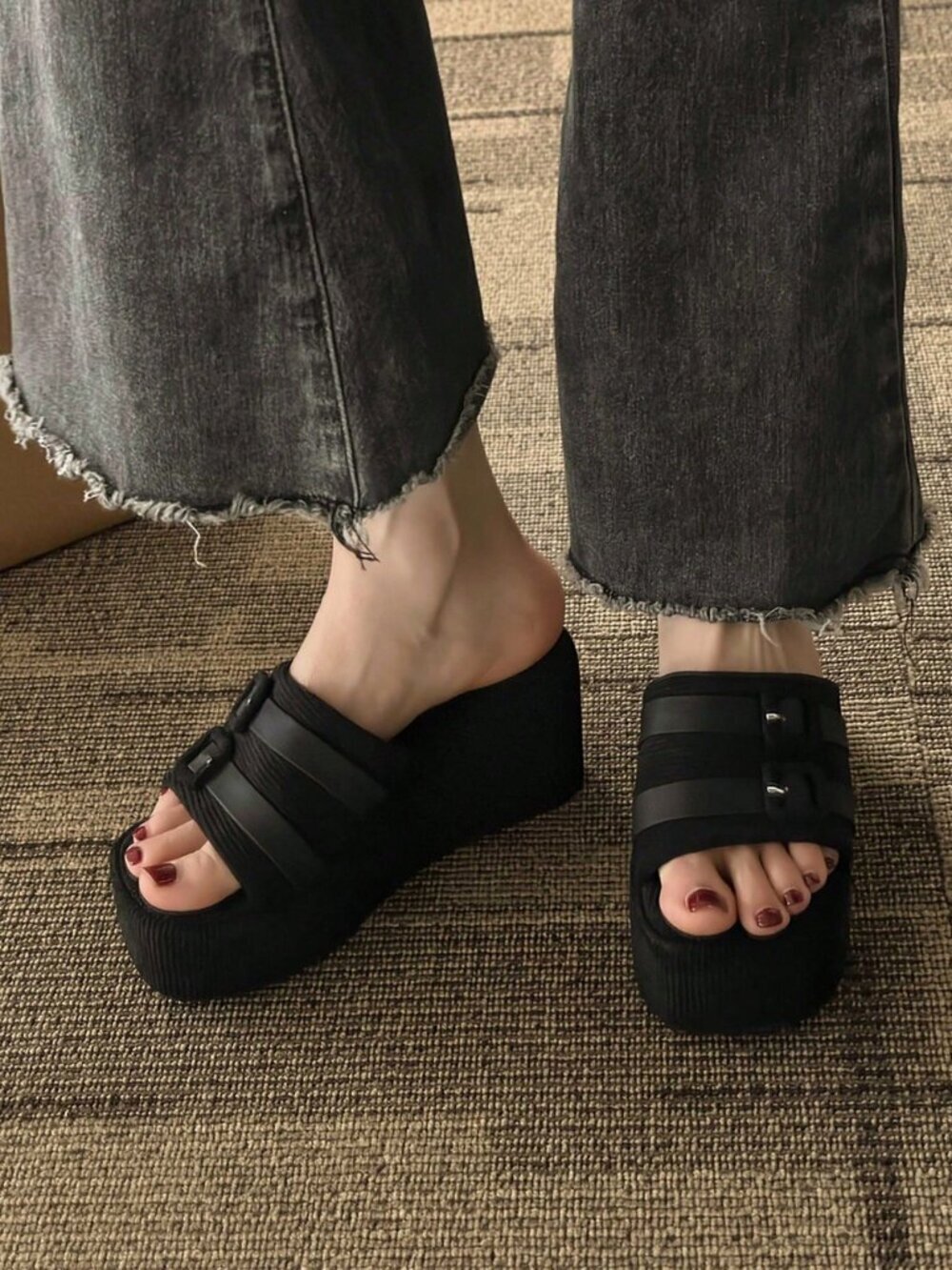 Black Women's Fabric Chunky Heel wedge platform Sandals